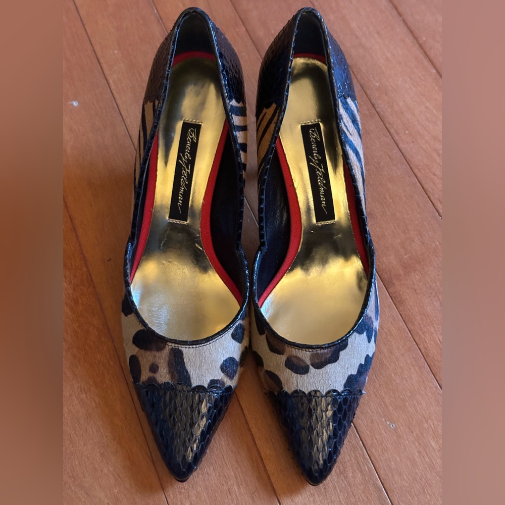 Beverly Feldman Leopard Print Heels with Black Accents